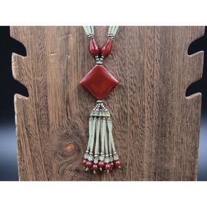 24" Long Beaded And Stone Tassel Necklace Vintage Costume Jewelry Beautiful